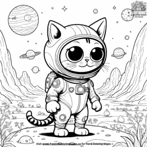 Cat in a cosmic suit, exploring an alien planet with strange plants and friendly extraterrestrials.