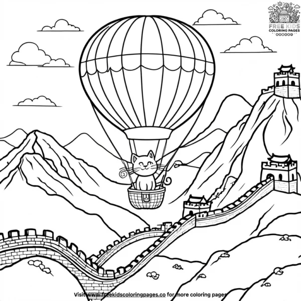 Cat in a hot air balloon over the great wall of china, holding a camera and a travel journal.