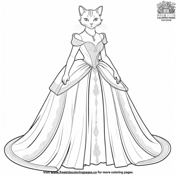 Cat in a luxurious gown, attending a royal event.