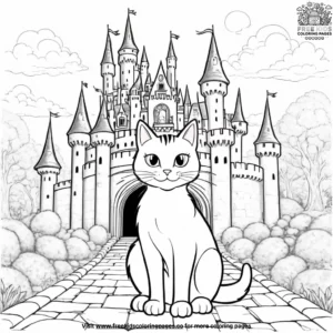 Cat in a magical castle, exploring grand halls with a map and a lantern.