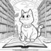 Cat in a magical library, with floating books, glowing orbs, and mystical scrolls.