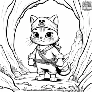 Cat in a pirate costume, exploring a mysterious cave with glowing treasures and ancient symbols.