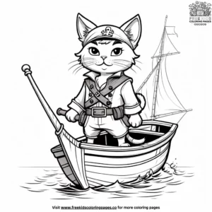 Cat in a pirate costume, sailing in a small boat with a treasure map and a compass.