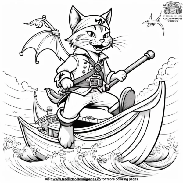 Cat in a pirate outfit, riding a seafaring dragon or mythical sea creature across the waves.