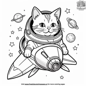 Cat in a rocket ship, flying through a galaxy with swirling stars and shooting comets.