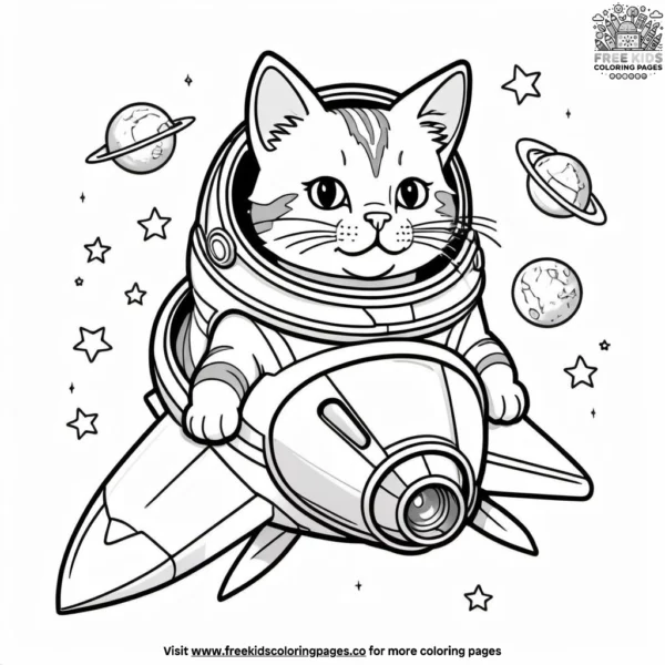 Cat in a rocket ship, flying through a galaxy with swirling stars and shooting comets.