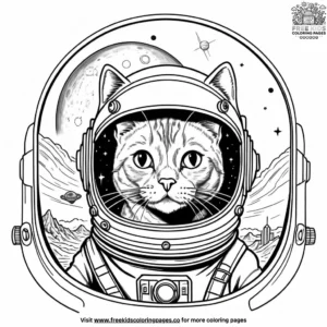 Cat in a space helmet, observing distant planets and a space station from a spaceship window.