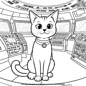 Cat in a space station control room, surrounded by buttons, screens, and a view of the earth through a large window.