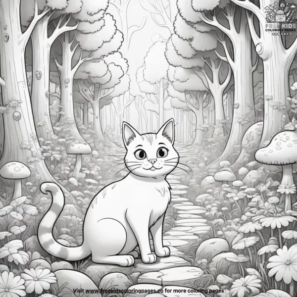 Cat in a whimsical forest, discovering a hidden fairy village with tiny houses and sparkling fairy lights.