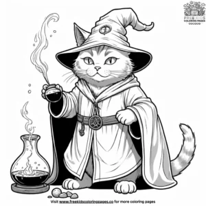 Cat in a wizard’s robe, brewing a potion in a cauldron surrounded by magical artifacts and spellbooks.