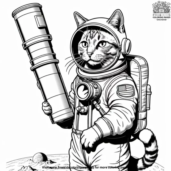 Cat in an astronaut suit, with a starry space background and a telescope for stargazing.