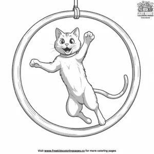 Cat jumping through a hoop, body in mid-air.