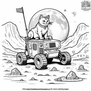 Cat landing on the moon, with a lunar rover and a flag planted.