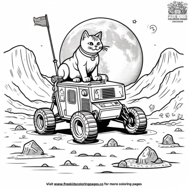 Cat landing on the moon, with a lunar rover and a flag planted.