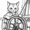 Cat on a pirate ship, steering the wheel with a treasure chest and a friendly parrot on its shoulder.