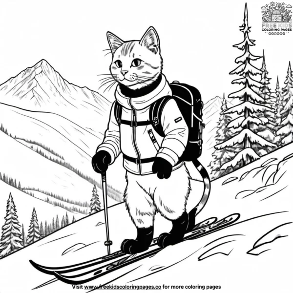 Cat on a snowy mountain adventure, with skis and a cozy cabin.