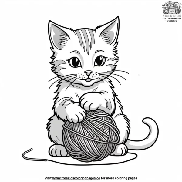 Cat playing with a colorful ball of yarn.