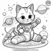 Cat playing with a space-themed toy, such as a mini spacecraft or astronaut figures, surrounded by floating stars.