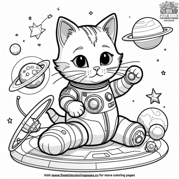 Cat playing with a space-themed toy, such as a mini spacecraft or astronaut figures, surrounded by floating stars.