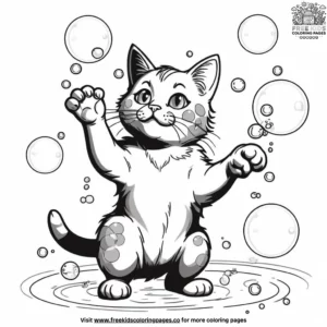 Cat playing with bubbles, bubbles floating around.