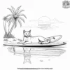 Cat relaxing on a tropical beach with palm trees and a surfboard.