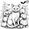 Cat sitting among Halloween pumpkins.