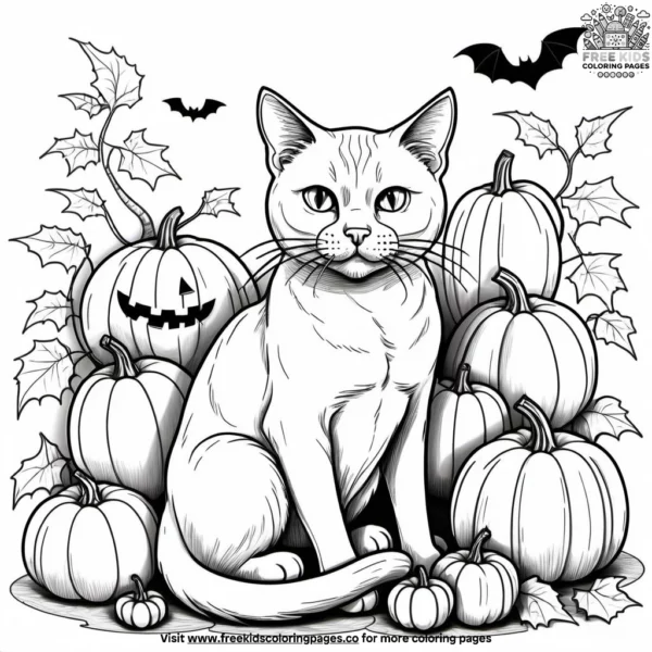 Cat sitting among halloween pumpkins.