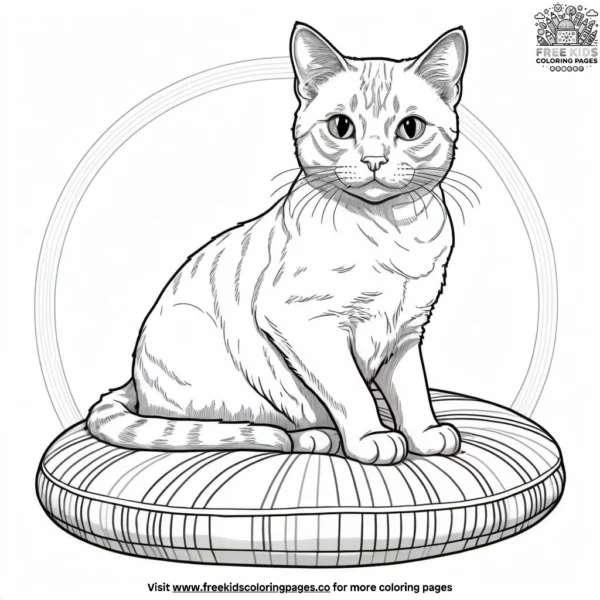 Cat on rainbow cushion coloring pages