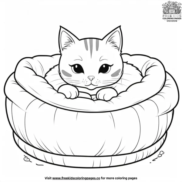 Cat snuggled in cozy bed coloring pages