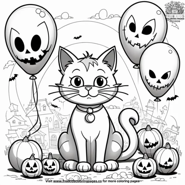 Cat surrounded by halloween-themed balloons and a spooky backdrop.