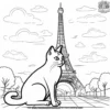 Cat visiting the Eiffel Tower with a small backpack and a map of Paris.