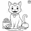 Cat with a pile of Halloween treats and a mischievous grin.