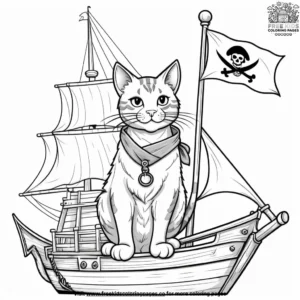 Cat with a pirate flag, standing on a pirate ship deck with a telescope and an adventurous expression.