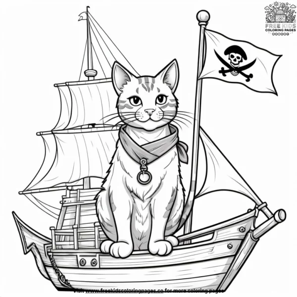 Cat with a pirate flag, standing on a pirate ship deck with a telescope and an adventurous expression.