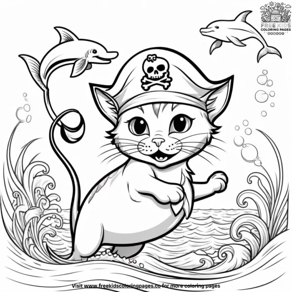 Cat with a pirate hat and eyepatch, playing with a playful dolphin or sea creature in the ocean.