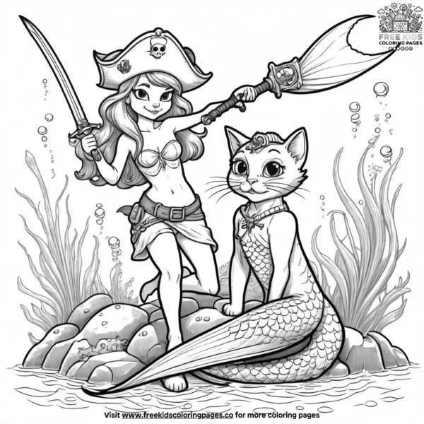 Cat with a pirate hat and sword, encountering a friendly mermaid or sea fairy while exploring underwater.