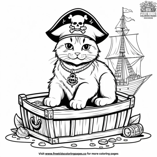 Cat with a pirate hat, lounging on a treasure island with a chest full of jewels and gold coins.