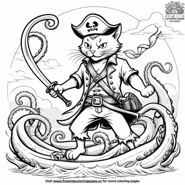 Cat with a pirate sword, fighting a sea monster or giant octopus on the high seas.