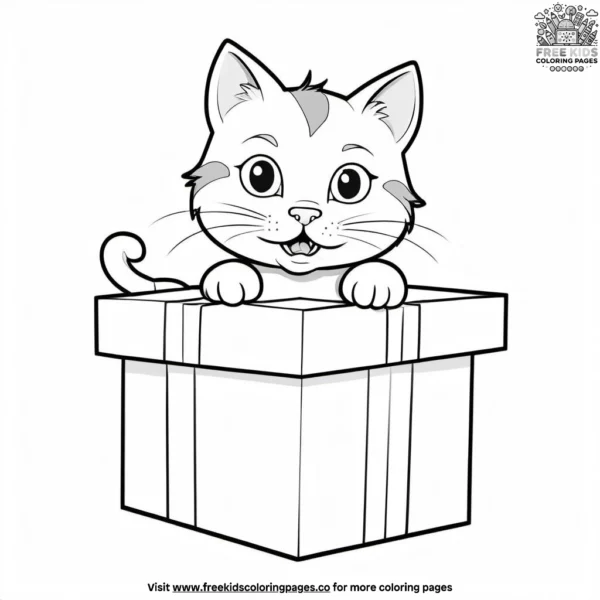 Silly cat in gift box coloring pages