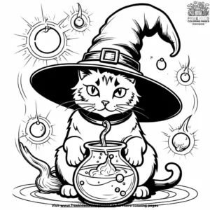 Cat with a witch's hat and a bubbling potion.