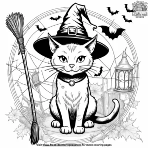 Cat with a witch's hat and broomstick.