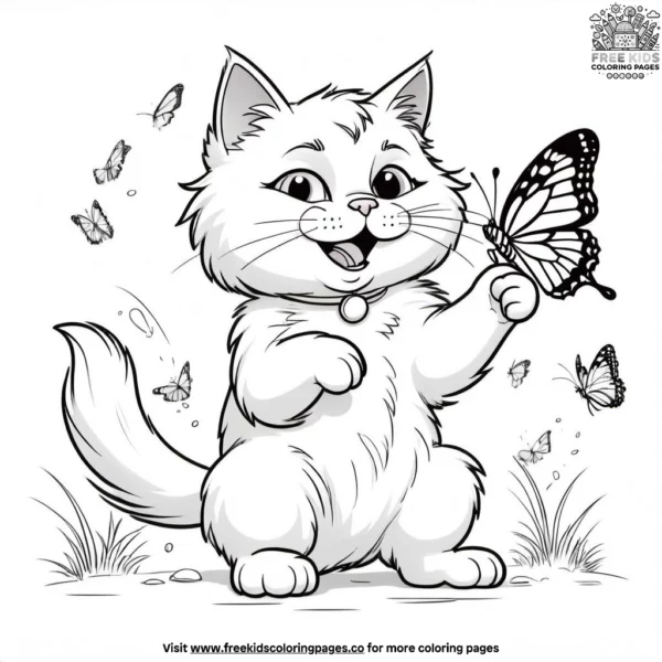 Fluffy cat playfully batting at a butterfly.