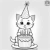 Kitten celebrating a birthday with a cake and party hat.