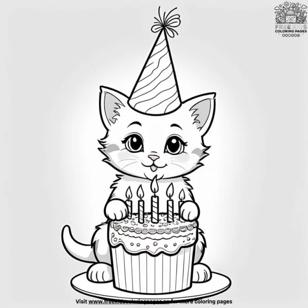 Kitten with birthday cake coloring pages