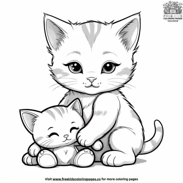 Kitten cuddled with toy coloring pages