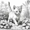 Kitten exploring a garden, with flowers and plants around.