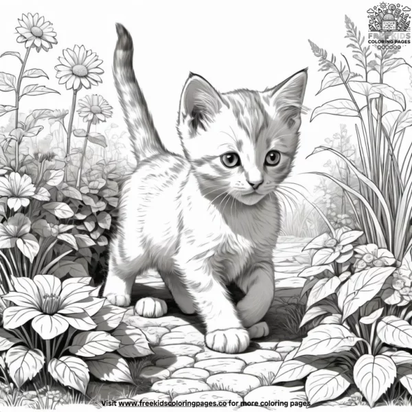 Kitten exploring garden coloring pages