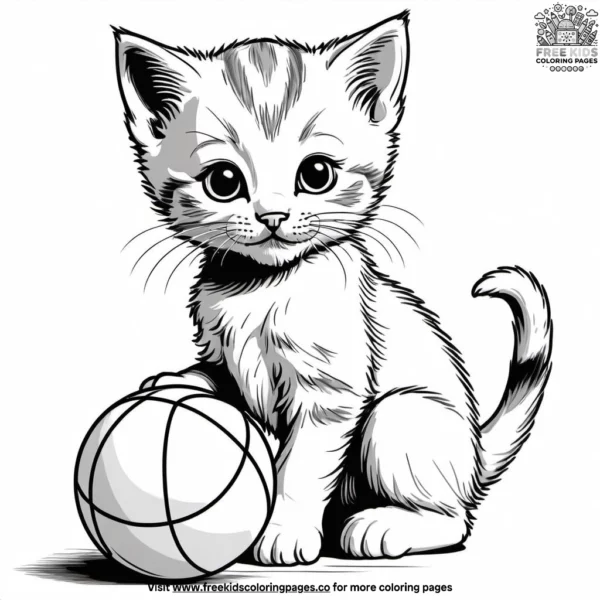 Kitten in playful pose with toy coloring pages