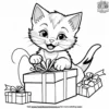 Kitten opening a present with a joyful expression.