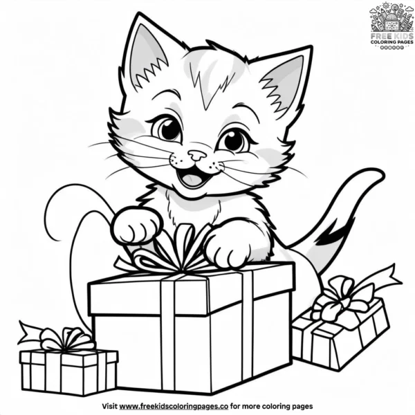 Kitten opening present with joy coloring pages